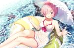  1girl artist_name bare_arms bare_legs bare_shoulders breasts caustics cleavage commentary_request day fate/grand_order fate_(series) fish hair_over_one_eye halterneck innertube large_breasts looking_at_viewer mash_kyrielight pink_hair purple_eyes rosuuri short_hair smile solo sunlight swimsuit swimsuit_of_perpetual_summer thighs water watermark wet wet_clothes white_swimsuit 