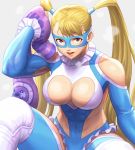  1girl abs bangs bare_shoulders blonde_hair blue_leotard breasts breath brown_eyes cleavage cleavage_cutout commentary_request covered_collarbone covered_navel domino_mask grey_background heavy_breathing knee_pads large_breasts leotard long_hair looking_at_viewer mask noppo_(tarstation) open_mouth rainbow_mika revealing_clothes simple_background sitting solo steam street_fighter street_fighter_v sweat toned towel twintails wrestling_outfit 