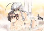  1boy 1girl :d ahoge bangs bathroom bathtub bent_over blush breasts brown_eyes brown_hair cleavage clenched_teeth collarbone embarrassed eyebrows_visible_through_hair green_eyes hair_between_eyes hair_censor hair_over_breasts haiyore!_nyaruko-san hands_on_another&#039;s_shoulder kneeling koin_(foxmark) long_hair novel_illustration nude nyarlathotep_(nyaruko-san) official_art open_mouth partially_submerged shiny shiny_skin silver_hair sitting small_breasts smile teeth very_long_hair yasaka_mahiro 