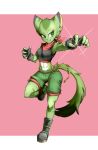  anthro bottomwear breasts carol_tea claws clothed clothing dipstick_tail felid feline felis female fingerless_gloves freedom_planet freedom_planet_2 fur gloves green_fur handwear hi_res mammal midriff mofuzelen multicolored_tail navel scarf shorts solo video_games wildcat 