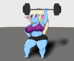  2019 absurd_res big_breasts bodily_fluids breasts clothed clothing feet female hair hi_res humanoid league_of_legends muscular muscular_female poppy_(lol) riot_games short_stack simple_background sleepingpowder smile solo sweat video_games weights yordle 