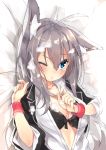 1girl ahoge animal_ears bangs black_bra blue_eyes blush bra breasts cleavage closed_mouth greyscale jacket large_breasts long_hair lying monochrome on_back on_bed one_eye_closed open_clothes open_jacket open_mouth original rozea_(graphmelt) solo underwear upper_body wrist_cuffs 