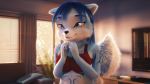  16:9 2019 3d_(artwork) 5_fingers anthro black_nose blue_eyes blue_hair blue_markings bra breasts building cakeinferno canid canine clothed clothing digital_media_(artwork) excited eyebrows female fingers fluffy fluffy_tail fox fur hair hi_res house inside looking_away mammal markings sofa solo standing underwear wallpaper white_fur zoe_(cakeinferno) 