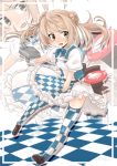  1girl adapted_turret black_footwear checkered checkered_floor checkered_legwear checkered_skirt commentary_request compass enemy_lifebuoy_(kantai_collection) full_body fyuo hair_bun highres kantai_collection light_brown_hair loafers michishio_(kantai_collection) puffy_short_sleeves puffy_sleeves shoes short_hair short_sleeves short_twintails skirt solo twintails two-tone_dress yellow_eyes zoom_layer 
