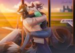  2019 ailurid anthro canid canine clothed clothing day detailed_background digital_media_(artwork) duo ear_piercing ear_ring female hug inside kammi-lu male mammal piercing red_panda smile 
