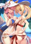  2girls ahoge animal_ear_fluff animal_ears ass back bangs bare_shoulders bikini blonde_hair blue_bikini blush bracelet breast_press breasts cleavage collarbone criss-cross_halter ears_through_headwear fate/grand_order fate_(series) fox_ears fox_girl fox_tail green_eyes hair_between_eyes hair_intakes halterneck hat highres innertube jewelry large_breasts long_hair looking_at_viewer multiple_girls navel nero_claudius_(fate)_(all) nero_claudius_(swimsuit_caster)_(fate) one_eye_closed open_mouth pink_hair red_bikini shirt side-tie_bikini sideboob smile striped striped_bikini sun_hat swimsuit tail tamamo_(fate)_(all) tamamo_no_mae_(swimsuit_lancer)_(fate) thighs twintails untsue wet wet_clothes wet_shirt wet_t-shirt white_shirt yellow_eyes 