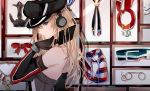  1girl anchor annotation_request belt bismarck_(kantai_collection) blonde_hair blue_eyes brown_gloves commentary_request detached_sleeves glasses gloves hat headphones highres jewelry kantai_collection long_hair looking_at_viewer military_hat multicolored multicolored_clothes multicolored_scarf necklace okayu_(papiko1111) peaked_cap picture_frame pince-nez plaid plaid_scarf profile red_neckwear ribbon scarf solo thighhighs uniform 