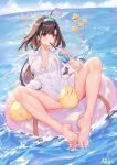  1girl ahoge artist_name atdan azur_lane bare_legs barefoot bikini bird black_bikini blue_sky breasts brown_hair buttons chick cleavage cloud collarbone collared_shirt commentary cup day disposable_cup dress_shirt drinking_straw feet hairband highres holding holding_cup horizon independence_(azur_lane) innertube large_breasts long_hair looking_at_viewer low_ponytail manjuu_(azur_lane) ocean outdoors partially_unbuttoned red_eyes see-through shirt sidelocks sky slit_pupils solo swimsuit thighs very_long_hair water wet wet_clothes wet_shirt white_shirt 