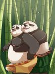 2019 anthro black_fur black_nose bodily_fluids bottomwear butt clothing cum dreamworks duo eyes_closed father father_and_son fur genital_fluids giant_panda green_eyes hi_res hug hugging_from_behind humanoid_hands kung_fu_panda li_shan male male/male mammal mkcrown outside overweight overweight_male parent penis po shorts son ursid white_fur 