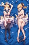  1girl absurdres artoria_pendragon_(all) ass barefoot bed_sheet black_legwear blonde_hair breasts dakimakura dress fate/unlimited_codes fate_(series) feet flower full_body gloves green_eyes highres index_acg legs lily_(flower) long_hair looking_at_viewer lying multiple_views on_back on_stomach open_mouth panties panty_pull pantyhose pantyhose_pull pantyhose_removed ponytail saber_lily smile soles underwear undressing white_dress white_gloves white_panties 