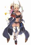 1girl :d alternate_costume bangs black_robe black_shorts blonde_hair blush boots breasts card cleavage collarbone dark_skin dated draph elbow_gloves eyebrows_visible_through_hair fang full_body gloves gourd granblue_fantasy horns kuvira_(granblue_fantasy) large_breasts long_hair looking_at_viewer midriff navel open_mouth pilokey pointy_ears ponytail robe short_shorts shorts signature simple_background smile solo tarot thighhighs white_background white_gloves white_legwear yellow_eyes 