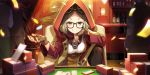  1girl bar begg_(kouya_no_kotobuki_hikoutai) belt black_legwear casino casino_card_table fingerless_gloves gloves goggles goggles_on_head grin highres hooded_coat knee_up kouya_no_kotobuki_hikoutai light_brown_hair looking_at_viewer official_art poker_chip short_eyebrows short_hair shorts smile solo_focus thighhighs yellow_eyes 