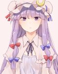  1girl bangs blue_bow blue_ribbon blush bow breasts capelet cleavage commentary crescent crescent_hair_ornament dress eyebrows_visible_through_hair grey_background hair_bow hair_ornament hat hat_ribbon long_hair long_sleeves miyo_(ranthath) mob_cap neck_ribbon patchouli_knowledge purple_capelet purple_dress purple_eyes purple_hair purple_headwear purple_neckwear purple_ribbon red_bow red_ribbon ribbon sidelocks simple_background small_breasts solo touhou upper_body very_long_hair 