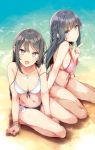  2girls beach bikini black_bikini_bottom black_hair blue_eyes bracelet brain breasts cleavage collarbone front-tie_top grey_eyes index_finger_raised jewelry kneeling long_hair looking_at_viewer makinohara_shouko medium_breasts mismatched_bikini mizoguchi_keiji multiple_girls navel pink_bikini sakurajima_mai sand seishun_buta_yarou smile swimsuit water white_bikini_top 