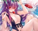  bikini blush choker cropped food fruit long_hair navel original purple_hair red_eyes summer sunglasses swim_ring swimsuit water watermelon wristwear xin_(moehime) 