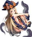  1girl abigail_williams_(fate/grand_order) absurdres ass bangs black_bow black_footwear black_headwear black_legwear blonde_hair blush bow closed_mouth eyebrows_visible_through_hair fate/grand_order fate_(series) hat hat_bow highres keyhole long_hair looking_at_viewer looking_to_the_side moyoron nude orange_bow parted_bangs red_eyes revealing_clothes shoes simple_background single_thighhigh sitting solo stuffed_animal stuffed_toy teddy_bear tentacles thighhighs very_long_hair white_background witch_hat 