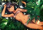  1girl :o arm_up armpits bandeau bare_arms bare_shoulders black_hair brown_eyes collarbone dark_skin flower hair_ornament hand_up highres konbu_wakame leaf light_rays looking_at_viewer lying nature navel on_back original parted_lips partially_submerged pelvic_curtain plant red_flower short_hair solo stomach sunbeam sunlight thighs water x_hair_ornament 