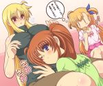  3girls blonde_hair blue_eyes blue_ribbon blush breasts brown_hair cookie couch couple family fate_testarossa food hair_ornament hair_ribbon large_breasts legs long_hair looking_at_another lyrical_nanoha mahou_shoujo_lyrical_nanoha mahou_shoujo_lyrical_nanoha_strikers mahou_shoujo_lyrical_nanoha_vivid mother_and_daughter multiple_girls red_eyes ribbon side_ponytail simple_background sitting surprised sweater takamachi_nanoha thighs translation_request two-tone_background very_long_hair vivio yuri 