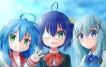  3girls :3 absurdres ahoge blue_bow blue_eyes blue_hair blush bow character_request chuunibyou_demo_koi_ga_shitai! commentary_request copyright_request eyepatch face gochuumon_wa_usagi_desu_ka? green_eyes hair_between_eyes hair_ornament highres kafuu_chino long_hair looking_at_viewer mole mole_under_eye msy_no_oekaki multiple_girls ribbon shirt short_hair smile takanashi_rikka upper_teeth w white_eyepatch x_hair_ornament yellow_ribbon 