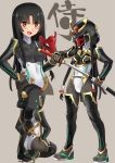  1girl :d armor ass back bangs black_gloves black_hair black_legwear blunt_bangs bodysuit breasts brown_eyes eyebrows_visible_through_hair gloves grey_background hand_on_hip helmet highres holding holding_sword holding_weapon japanese_armor katahira_masashi katana leotard long_hair mask mask_removed multiple_views open_mouth original samurai sandals seiza sheath simple_background sitting smile sword thighhighs translated unsheathing weapon 