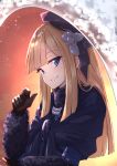  1girl bangs beret black_headwear black_ribbon blonde_hair blue_dress blue_eyes brown_gloves commentary_request dress eyebrows_visible_through_hair fate_(series) flower fur_collar gloves hair_flower hair_ornament hand_up hat highres long_hair long_sleeves looking_at_viewer lord_el-melloi_ii_case_files parted_lips reines_el-melloi_archisorte ribbon solo tapioka_(oekakitapioka) tilted_headwear upper_body white_flower 