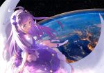  1girl :d blue_eyes boots crescent_moon cure_selene earth eyebrows_visible_through_hair hairband hoshi_(xingspresent) kaguya_madoka long_hair looking_at_viewer magical_girl moon open_mouth planet precure purple_hair purple_skirt sitting skirt smile solo space star_twinkle_precure white_footwear wrist_cuffs 