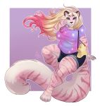  anthro big_breasts big_tail breasts clothed clothing felid female hair hi_res lavenderpandy looking_at_viewer mammal overweight overweight_female pantherine simple_background smile solo tiger 
