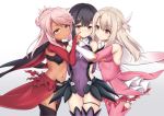  3girls bangs bare_shoulders black_hair blonde_hair blush breasts chloe_von_einzbern commentary_request dark_skin dress eyebrows_visible_through_hair fate/grand_order fate/kaleid_liner_prisma_illya fate_(series) feathers gloves hair_between_eyes hair_bun hair_feathers hair_ornament hairclip highres illyasviel_von_einzbern long_hair looking_at_viewer magical_girl miyu_edelfelt multiple_girls navel pink_dress red_eyes silver_hair simple_background skirt small_breasts smile thighhighs tongue tongue_out white_background white_feathers y3010607 yellow_eyes 