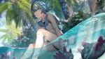  1girl bare_legs blue_eyes blue_hair bush gen_7_pokemon highres leaf miya-ki_(miya_key) open_mouth palm_tree partially_submerged pokemon pokemon_(creature) pokemon_(game) pokemon_sm pyukumuku shade short_hair sitting stick suiren_(pokemon) swimsuit swimsuit_under_clothes tree underwater water 