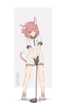  1girl animal_ear_fluff animal_ears ball black_gloves cat_ears cat_tail dress full_body gloves golf golf_ball golf_club highres jerry3912 original red_eyes red_hair shoes short_dress short_hair sneakers solo tail white_dress 