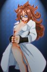  1girl android_21 blue_eyes breasts closed_mouth commentary_request dragon_ball dragon_ball_fighterz earrings glasses graphite_(medium) hoop_earrings jewelry labcoat long_hair looking_at_viewer millipen_(medium) nail_polish onnaski simple_background solo traditional_media 