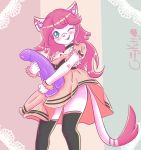  2019 anthro big_dildo blue_eyes blush clothed clothing creamy_kitty dildo ear_tuff felid female fur holding_object holding_sex_toy lace legwear long_tail mammal one_eye_closed peachu_(character) seductive sex_toy simple_background smile solo standing tights white_fur wink 