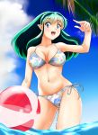  1girl absurdres ass_visible_through_thighs ball beachball bikini blue_eyes blue_sky breasts cloud collarbone commentary_request contrapposto day green_hair highres long_hair looking_at_viewer lum medium_breasts nanao_futaba navel oni_horns open_mouth outdoors palm_tree pointy_ears print_bikini side-tie_bikini sky smile soaking_feet solo standing swimsuit tree upper_teeth urusei_yatsura 