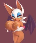  anthro armwear big_breasts breasts chiropteran clothing eyelashes female green_eyes hi_res huge_breasts looking_at_viewer mammal nipples nude plantpenetrator pussy rouge_the_bat simple_background solo sonic_(series) wings 