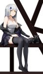  1girl anizi_(anizi9621) bangs bare_shoulders black_cat black_legwear blue_jacket blunt_bangs breasts cat cleavage collarbone commentary eyebrows_visible_through_hair full_body girls_frontline green_eyes hair_ornament highres hk416_(girls_frontline) jacket long_hair long_sleeves looking_at_viewer no_shoes off-shoulder_jacket shirt silver_hair sitting solo tank_top thighhighs white_shirt 