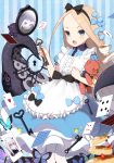 1girl :d abigail_williams_(fate/grand_order) animal apron bangs bell_(oppore_coppore) black_bow black_hairband black_vest blue_bow blue_eyes blue_shirt blue_skirt bow bug butterfly card center_frills collared_shirt commentary_request diagonal_stripes diamond_(shape) dress_shirt fate/grand_order fate_(series) food forehead frilled_apron frills glasses hair_bow hairband heart highres holding holding_key insect key keyhole keyring lavinia_whateley_(fate/grand_order) light_brown_hair maid_apron mirror object_hug octopus open_mouth pancake pantyhose parted_bangs pince-nez playing_card puffy_short_sleeves puffy_sleeves purple_eyes reflection sharp_teeth shirt short_sleeves skirt smile solo_focus spade_(shape) stack_of_pancakes striped striped_background striped_bow stuffed_animal stuffed_toy suction_cups teddy_bear teeth tentacles tokitarou_(fate/grand_order) v-shaped_eyebrows vertical-striped_background vertical_stripes vest white_apron white_hair white_legwear white_skin 