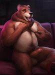  anthro balls belly big_belly body_hair chest_hair erection humanoid_penis hungrypaws male mammal nipple_pinch nude open_mouth overweight overweight_male penis pinch pubes sitting solo stomach_hair tongue tongue_out uncut ursid 