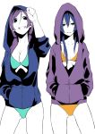 2girls bangs bikini blue_hair collarbone commentary_request cowboy_shot green_eyes hair_between_eyes hood hooded_jacket hoodie jacket long_hair looking_at_viewer love_live! love_live!_school_idol_project low_twintails multiple_girls open_clothes open_hoodie partially_colored purple_hair simple_background smile sonoda_umi swimsuit toujou_nozomi twintails vice_(kuronekohadokoheiku) yellow_eyes 