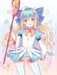  1girl :d bangs blonde_hair blue_bow blue_dress blue_gloves blue_hair bow commentary_request cupcake dress eyebrows_visible_through_hair food frilled_bow frills gloves hair_between_eyes hair_bow heart holding holding_staff kuroe_(sugarberry) little_alice_(wonderland_wars) long_sleeves multicolored_hair open_mouth panties pink_bow puffy_short_sleeves puffy_sleeves red_eyes round_teeth short_over_long_sleeves short_sleeves smile solo staff standing star striped striped_background striped_legwear teeth thighhighs two-tone_hair underwear upper_teeth vertical-striped_background vertical-striped_legwear vertical_stripes white_panties wide_sleeves wonderland_wars 