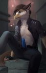  2019 anthro avian beak bird blue_penis blue_tongue bodily_fluids brown_feathers brown_hair clothed clothing detailed_background digital_media_(artwork) erection eyelashes feathers fingerless_gloves genital_fluids gloves green_eyes hair handwear jacket looking_away lynncore male navel outside penis precum sitting solo tongue topwear white_feathers yellow_beak 