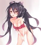  1girl azur_lane bent_over black_hair blush breasts cleavage collarbone commentary_request hair_between_eyes highres horns i-168_(azur_lane) long_hair looking_at_viewer medium_breasts nagato-chan navel open_mouth panties red_eyes simple_background solo sweat swimsuit underwear 