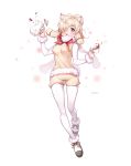  1girl :o absurdres akamu alpaca_ears alpaca_suri_(kemono_friends) animal_ear_fluff animal_ears artist_name beige_shorts beige_vest blonde_hair commentary cup eyebrows_visible_through_hair full_body fur-trimmed_footwear fur-trimmed_sleeves fur_collar fur_trim hair_over_one_eye highres kemono_friends legwear_under_shorts long_sleeves looking_at_viewer neck_ribbon pantyhose red_ribbon ribbon scarf shirt shoes short_hair short_shorts shorts simple_background solo tea teacup teapot vest white_background white_legwear white_scarf white_shirt 