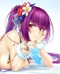  absurdres alternate_costume bed bikini blue_nails bracelet breasts dakimakura eating fate/grand_order fate_(series) flower food full_mouth fur_cuffs hair_flower hair_ornament highres jewelry large_breasts nail_polish offering okitakung scathach_(fate)_(all) scathach_skadi_(fate/grand_order) sideboob swimsuit white_background 