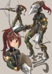  1girl arrow ass bangs bodysuit boots bow_(weapon) breasts brown_eyes brown_hair camouflage crossbow dual_wielding eyebrows_visible_through_hair glasses grey_background headwear_removed helmet helmet_removed highres holding holding_bow_(weapon) holding_weapon katahira_masashi leotard looking_at_viewer multiple_views original ponytail pouch simple_background smile thighhighs translated weapon zipper 