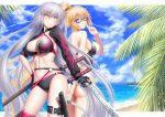  2girls ahoge ass beach bikini black-framed_eyewear black_bikini black_gloves blue_eyes braid butt_crack cloud cloudy_sky competition_swimsuit fate/grand_order fate_(series) glasses gloves highleg highleg_swimsuit highres jeanne_d&#039;arc_(alter_swimsuit_berserker) jeanne_d&#039;arc_(fate)_(all) jeanne_d&#039;arc_(swimsuit_archer) katana long_braid masatoki multiple_girls navel o-ring o-ring_bikini ocean one-piece_swimsuit palms ponytail red_legwear sheath shrug_(clothing) silver_hair single_braid single_thighhigh sky swimsuit sword thigh_strap thighhighs weapon white_hair white_swimsuit yellow_eyes 