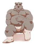  2019 absurd_res anthro belly black_nose blush bulge butt clothing hi_res hugo_(jumperbear) humanoid_hands jumperbear male mammal moobs navel nipples overweight overweight_male simple_background sitting solo underwear ursid white_background 