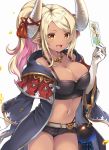 1girl :d alternate_costume bangs black_robe black_shorts blonde_hair blush breasts card cleavage collarbone dark_skin draph elbow_gloves eyebrows_visible_through_hair fang gloves gourd granblue_fantasy horns kuvira_(granblue_fantasy) large_breasts long_hair looking_at_viewer midriff navel open_mouth pilokey pointy_ears ponytail robe short_shorts shorts simple_background smile solo tarot upper_body white_background white_gloves yellow_eyes 