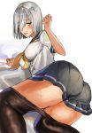  1girl amakaze arm_support ass blue_eyes blue_skirt blush breasts eyebrows_visible_through_hair hair_ornament hair_over_one_eye hairclip hamakaze_(kantai_collection) hand_up highres kantai_collection large_breasts looking_at_viewer lying oekaki on_side open_mouth pantyhose pantyhose_pull pleated_skirt school_uniform serafuku shiny shiny_hair short_hair short_sleeves silver_hair simple_background skirt solo striped striped_skirt taut_clothes wet white_background yellow_neckwear 