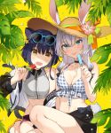  2girls :o animal_ears bare_legs bare_shoulders black_choker black_hair black_skirt blue-framed_eyewear blue_eyes blue_hair breasts brown_headwear bunny_ears cat_ears cat_tail choker cleavage collarbone collared_shirt crop_top ears_through_headwear eyewear_on_head flower food fruit gradient_hair grey_shirt hair_between_eyes hat hat_flower holding holding_food jacket large_breasts leaf long_hair long_sleeves looking_at_viewer medium_breasts midriff miniskirt multicolored_hair multiple_girls multiple_tails nail_polish navel off_shoulder open_clothes open_jacket open_mouth original pink_flower plaid popsicle red_shorts shirako_miso shirt short_hair short_shorts shorts silver_hair skirt sleeveless sleeveless_shirt slippers smile stomach straw_hat sunglasses tail thighs tongue tongue_out two_tails water_drop watermelon white_jacket yellow_eyes 