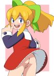  1girl anus ass blonde_hair blue_eyes blush butt capcom dress dress_lift edit eyebrows eyebrows_visible_through_hair female female_focus female_only going_commando hair hair_bow hair_ornament hair_ribbon happy highres looking_at_viewer looking_back mega_man mugai no_panties open_mouth pussy rockman rockman_(classic) roll skirt skirt_lift smile solo solo_focus teeth tongue vagina 